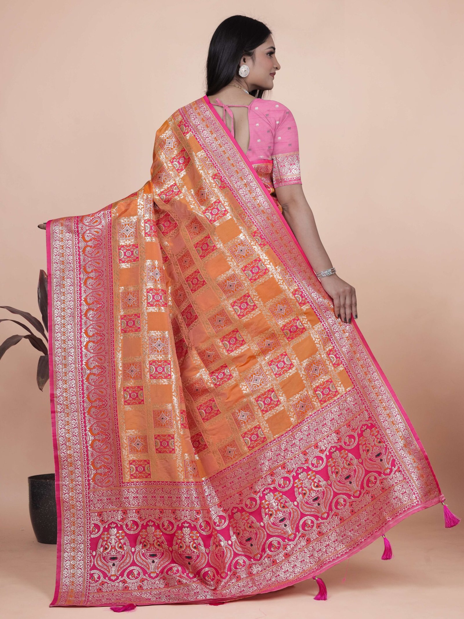 Orange & Pink Banarasi Silk Saree with Silver Zari | Wedding & Festive Saree | Traditional Banarasi Saree with Rich Contrast Pallu - Image 6