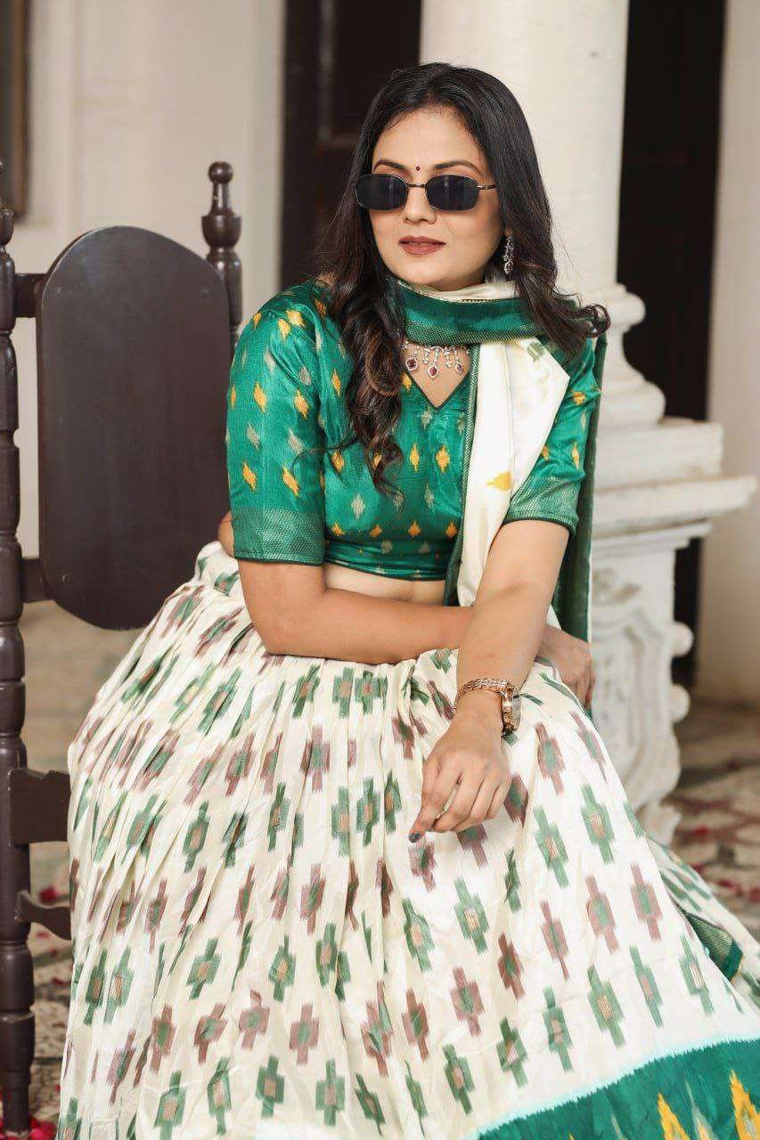White Dola Silk Lehenga Choli with Bottle Green Blouse | Patola Print & Foil Work | Wedding & Festive Wear - Image 3