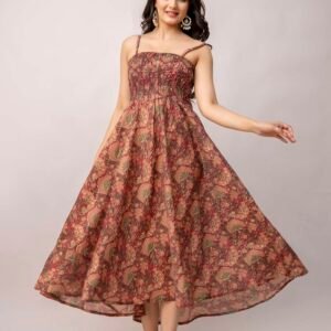 Women's Silk Printed Shoulder Straps Sleeveless Anarkali Gown Drees