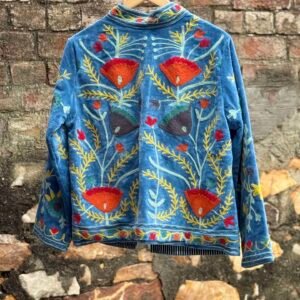Womens Light Sky Blue Velvet Embroidered Jacket with Floral Design