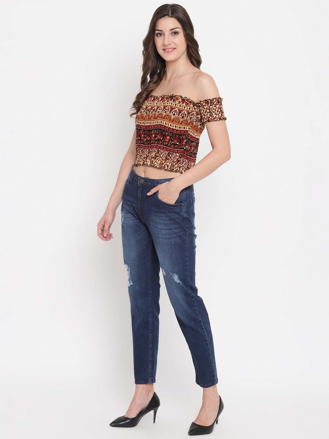 Women's Rayon Printed Off-Shoulder Smocked Crop Top Short Sleeve Casual Styles Tank Top (FREE SIZE) Multi7 - Image 2