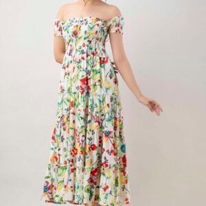 Women's Viscos Rayon Printed Off Shoulder Midi Dress For Summer And Casual Wear (White Floral)
