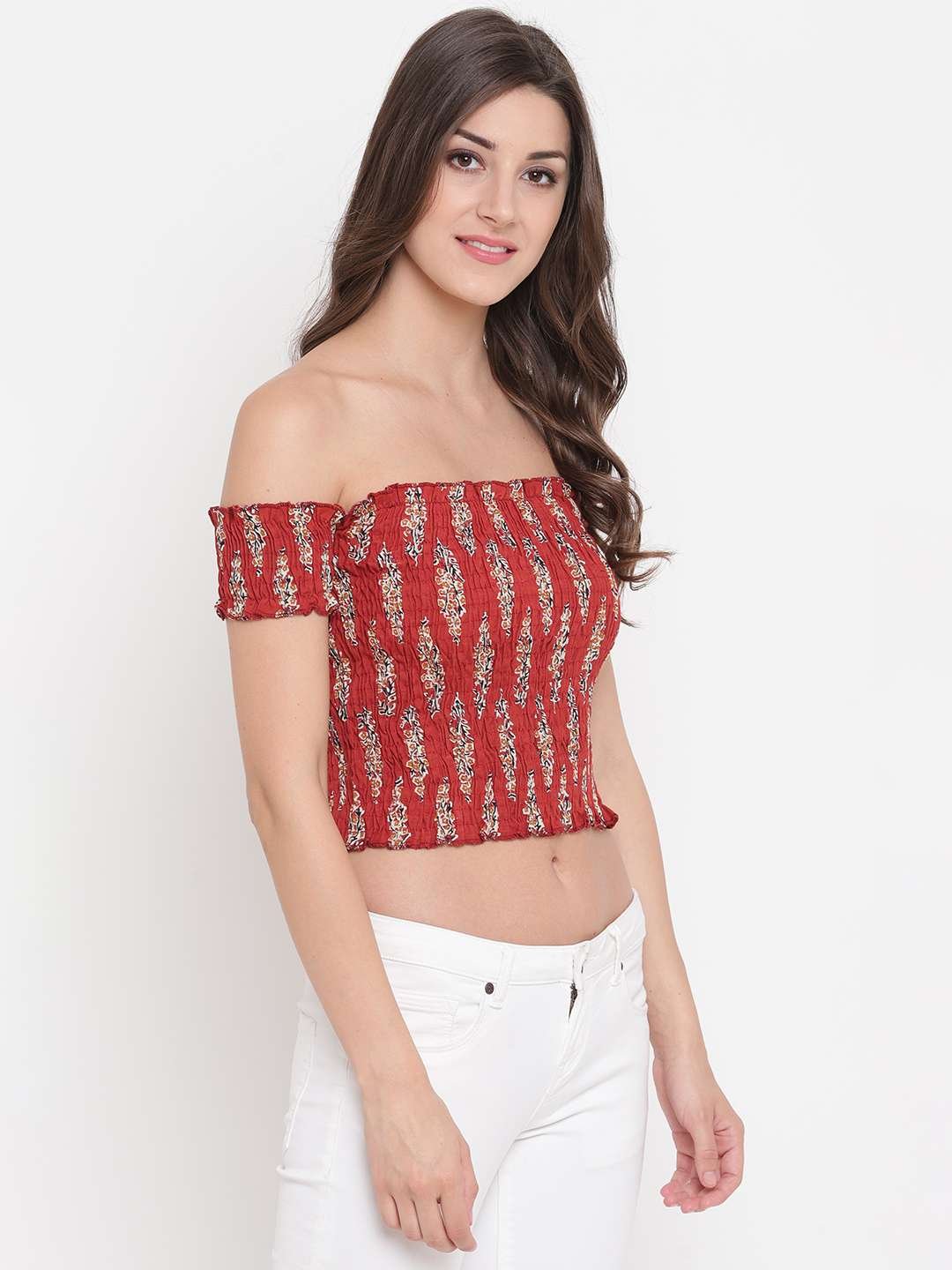 Women's Rayon Printed Off-Shoulder Smocked Crop Top Short Sleeve Casual Styles Tank Top (FREE SIZE) Multi43 - Image 3
