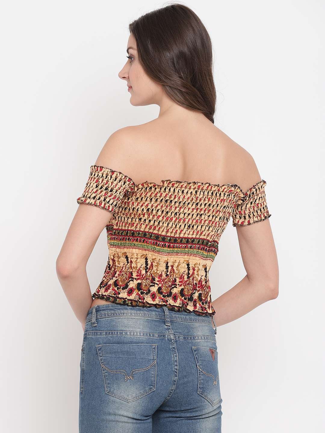 Women's Rayon Printed Off-Shoulder Smocked Crop Top Short Sleeve Casual Styles Tank Top (FREE SIZE) Multi4 - Image 2