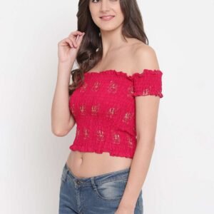 Women's Rayon Printed Off-Shoulder Smocked Crop Top Short Sleeve Casual Styles Tank Top (FREE SIZE) Multi14